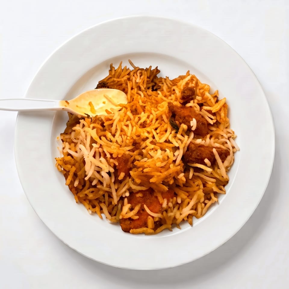 A white plate filled with chicken biryani and a plastic spoon resting on the side.