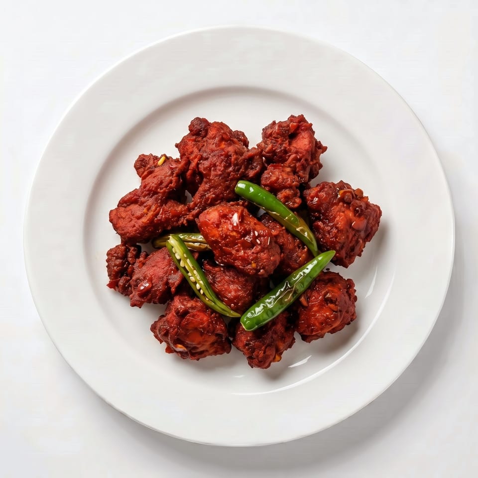 A white plate holds a pile of deep red fried chicken pieces garnished with green chili peppers.