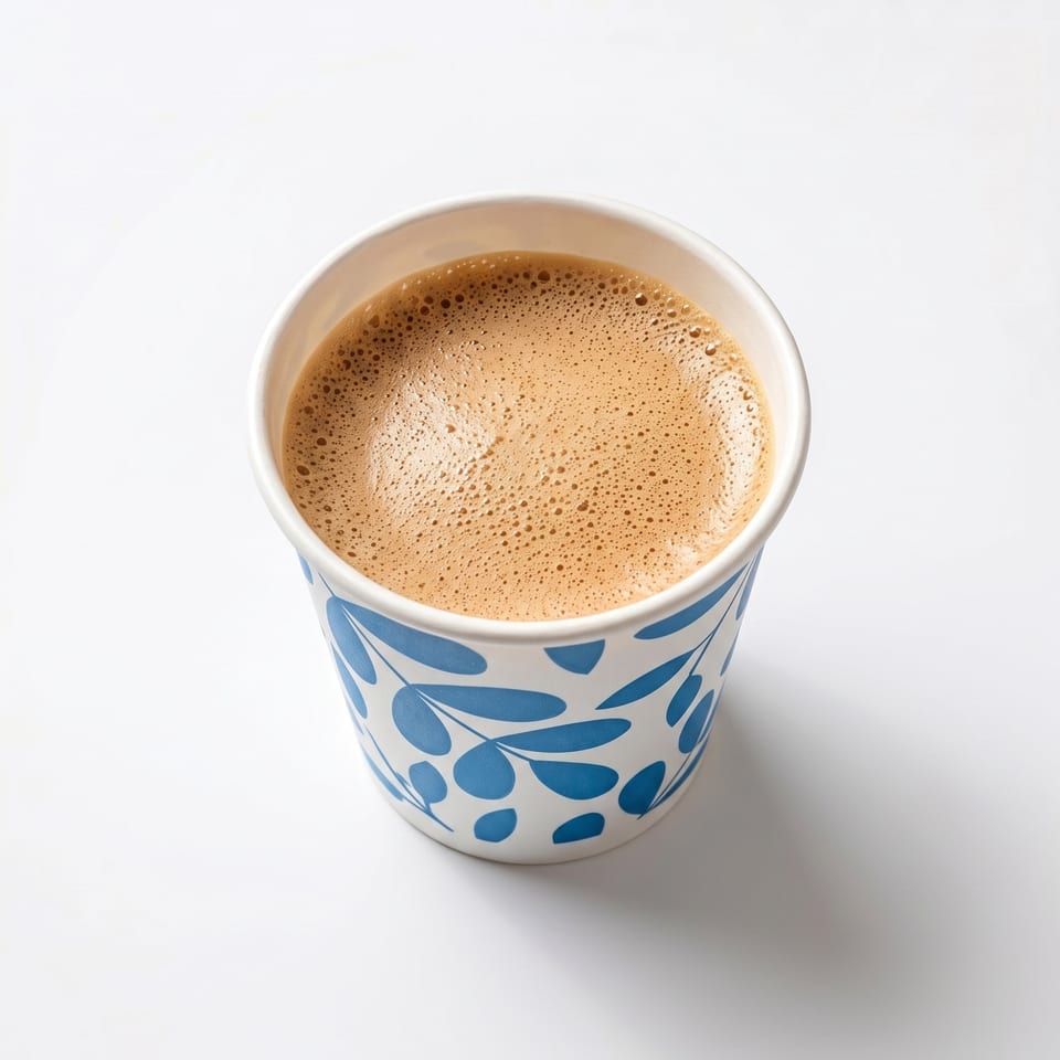 A white paper cup with blue leaf patterns, filled with a frothy, light brown coffee drink.