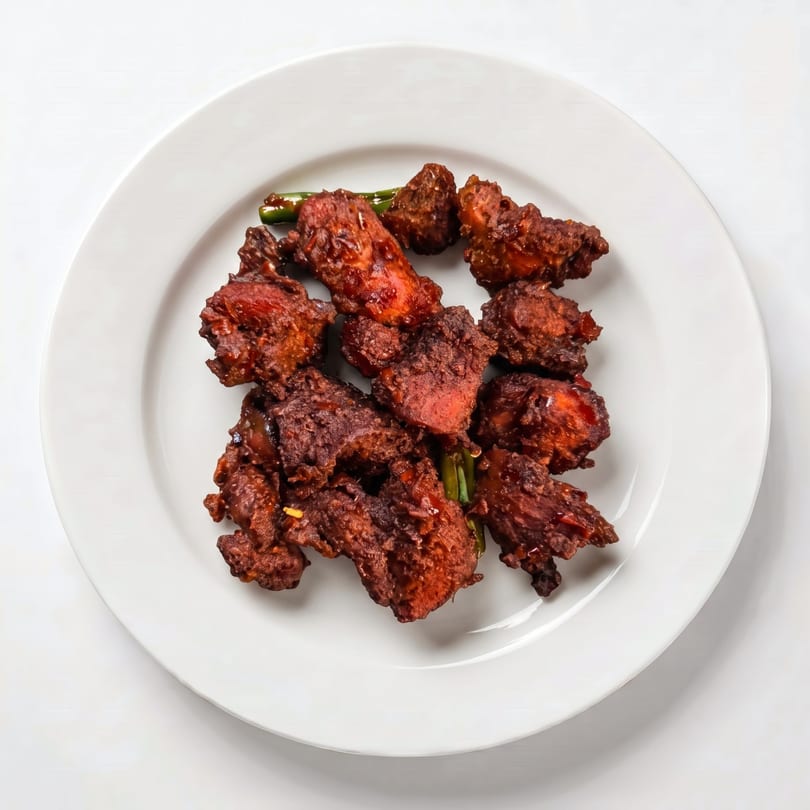 Top-down view of a white plate filled with dark red, crispy fried chicken pieces and green garnishes.