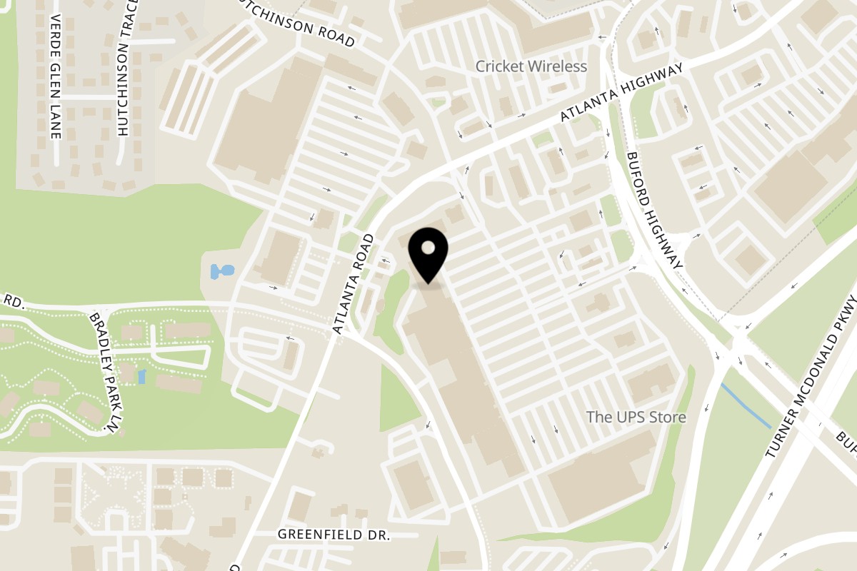 Map showing the location of Rayalaseema Cafe on 545 Lakeland Plaza in Cumming